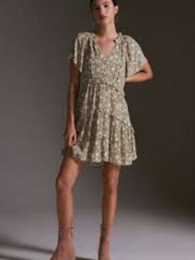 Anthropologie Green Floral V-Neck Tiered Mini Dress